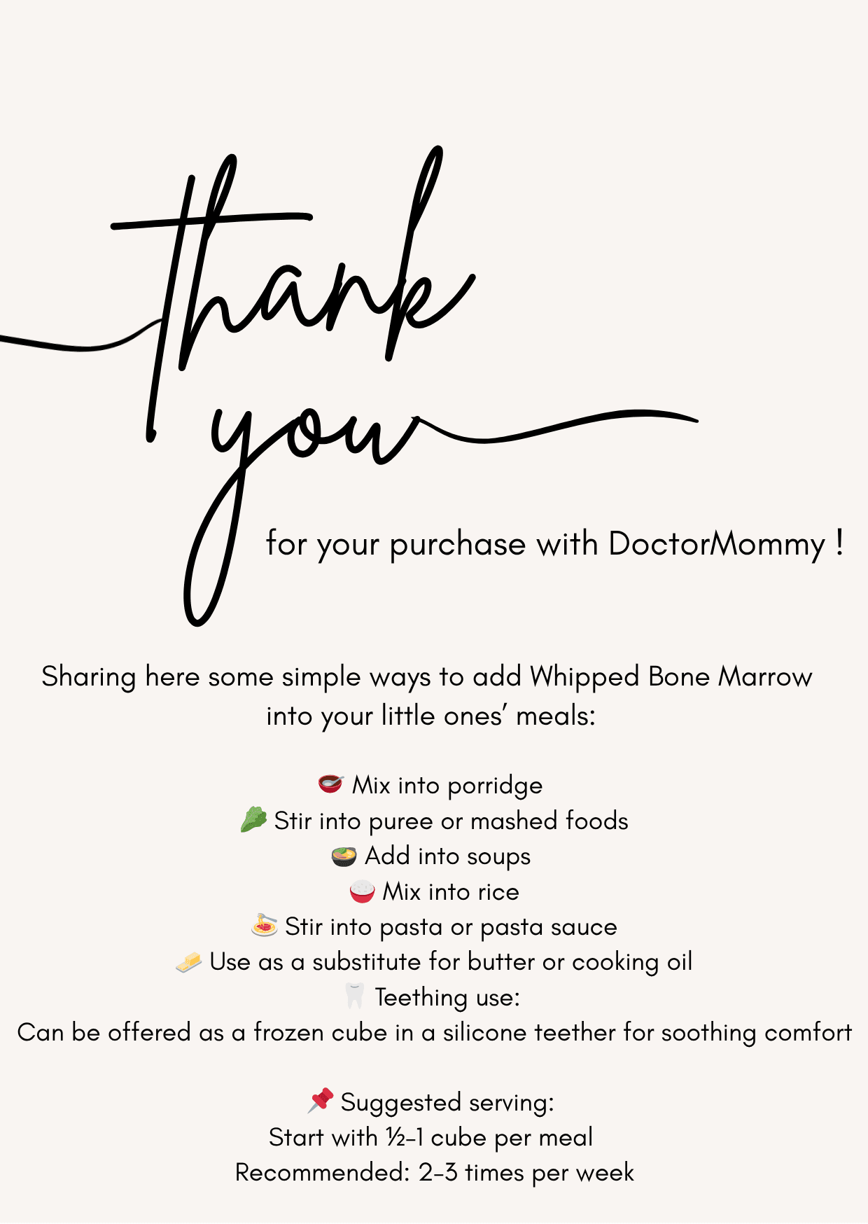 Thank you note with serving suggestions for whipped bone marrow